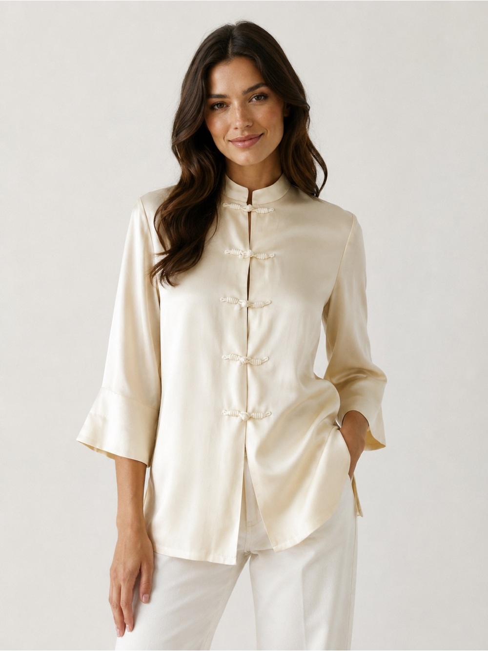 New L Ralph Lauren Silk Ivory Mandarin Collar Tunic Top Frog Closure Size SP